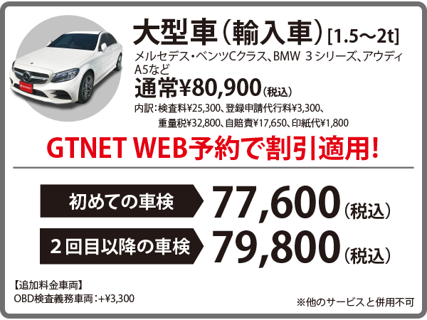大型車輸入車（メルセデス・ベンツCクラス、BMW ３シリーズ、アウディA5など）