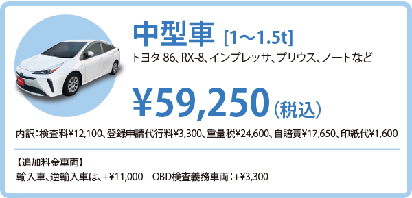 中型車（トヨタ 86、RX-8、インプレッサ、プリウス、ノートなど）