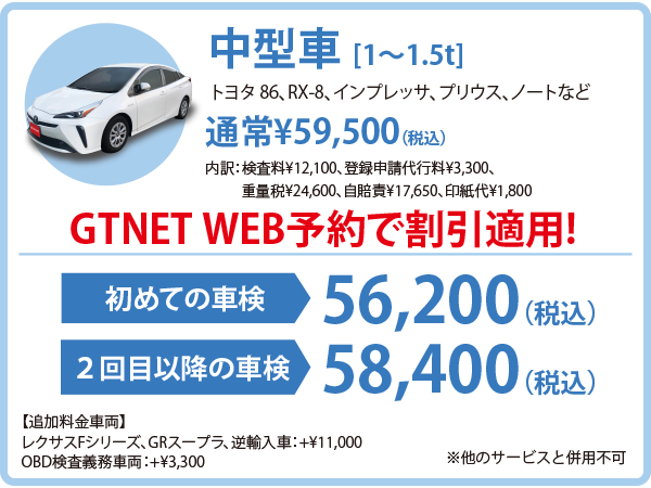 中型車（トヨタ 86、RX-8、インプレッサ、プリウス、ノートなど）