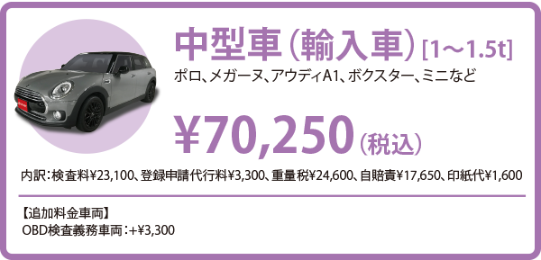 中型車輸入車（ポロ、メガーヌ、アウディA1、ボクスター、ミニなど）